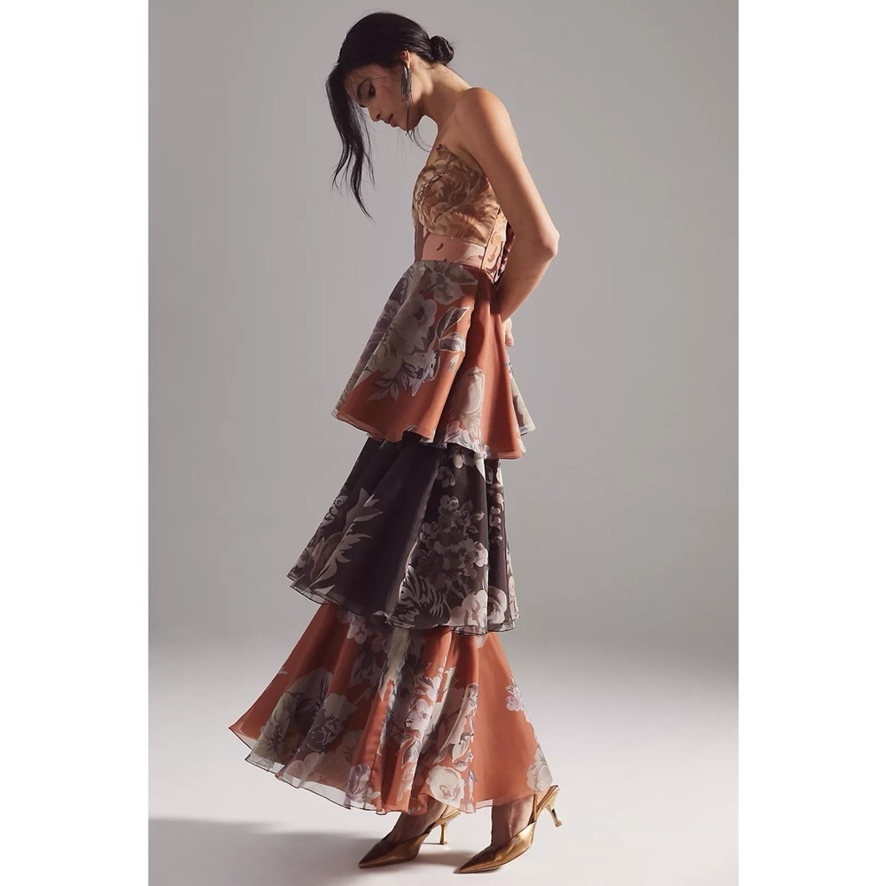 Anthropologie Geisha Designs Martina Floral Strapless Maxi Gown Dress in Brown - Picture 2 of 12